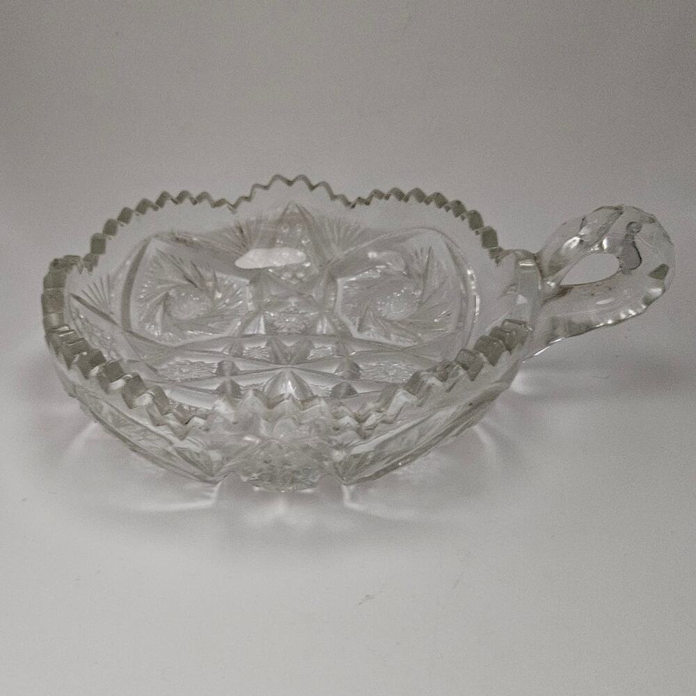 Vintage Pressed Cut Glass Handled Nappy Dish Sawtooth Rim Star Pattern